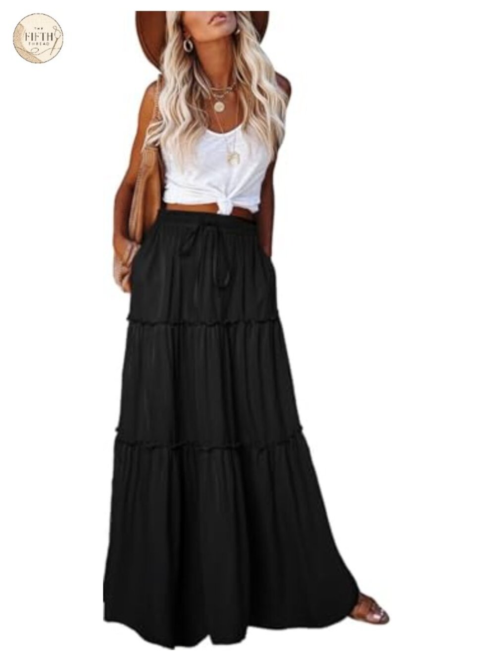 Boho Maxi Skirt High Waist Tie Flowy Long with Pockets